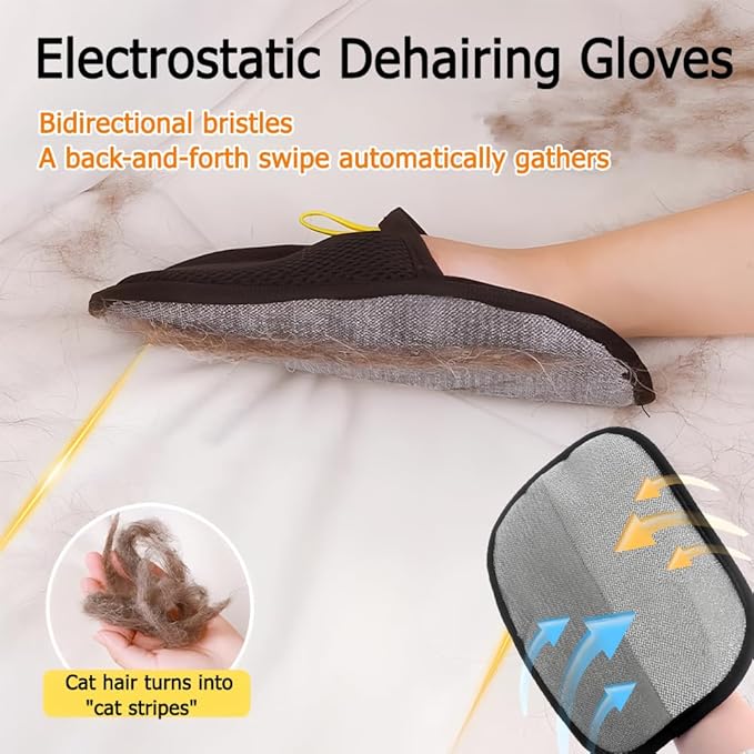 Double-Sided Pet Hair Removal Gloves - Reusable Static Removal Grooming Gloves for Dogs & Cats, Efficient Fur Removal Tool for Furniture, Carpet, Car Seats, Sofa, Bedding & Clothes (2 Pack)