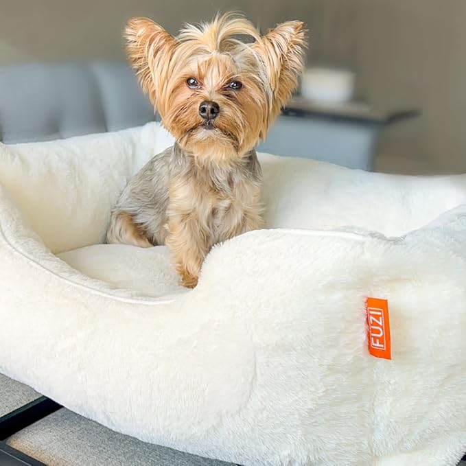 FUZI Luxury Aesthetic Dog Bed for Large Dogs with Washable Cover, Pet Couch, Pet Bed with Sides, Non-Slip Bottom, Soft and Durable Calming Dog Bed, Faux Rabbit Fur, Large 35.6x28.5x9.5 Soft White