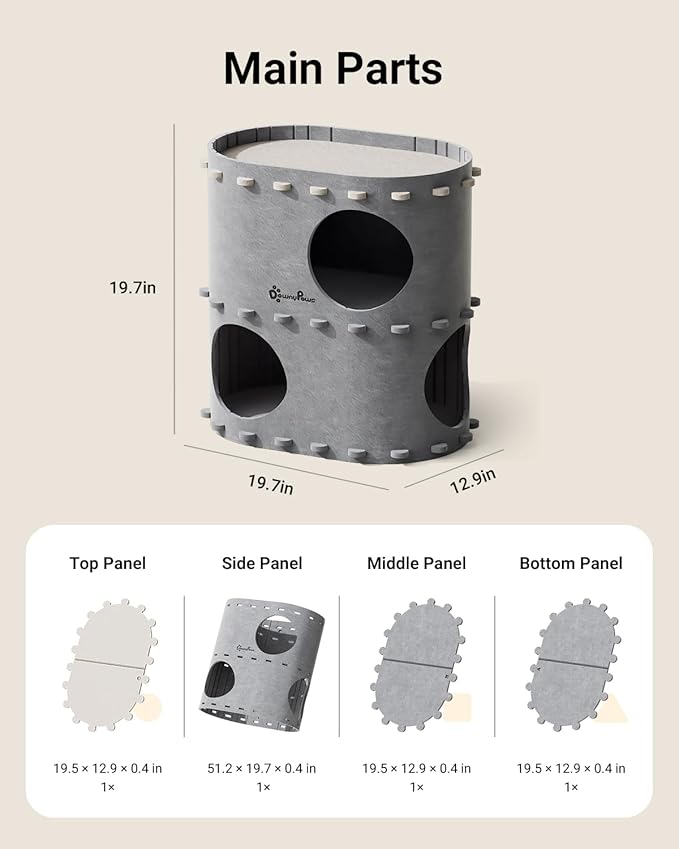 DownyPaws Cat House for Indoor Cats, 2-Storey Foldable Cat Bed Cave, Felt Cats Tunnel Bed Condo, Castle Kitten Cube Hideaway for Multicats, Scratch Resistant, Light Gray