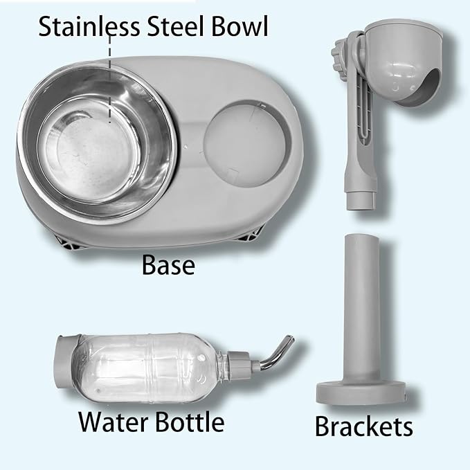 Fhiny Dog Water Feeder Bottle with Stand, Dispenser Automatic Water Food Bowl for Cage Leak-Proof No-Drip Adjustable Raised Pet Slow Water Bottle Dog Kennel Durable Drinker Container