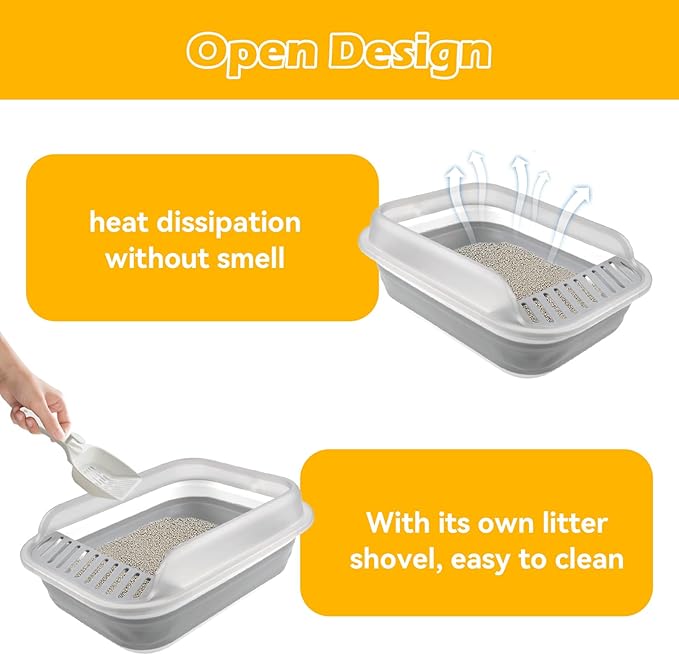 Open Cat Bedpan with Spoon,Shallow Splash Proof Travel Litter Box with Sand Drop Pedal High Side Low Entrance Cat Toilet Semi-Enclosed Adjustable for Kittens Elderly Cats Disabled Cats(Gray)