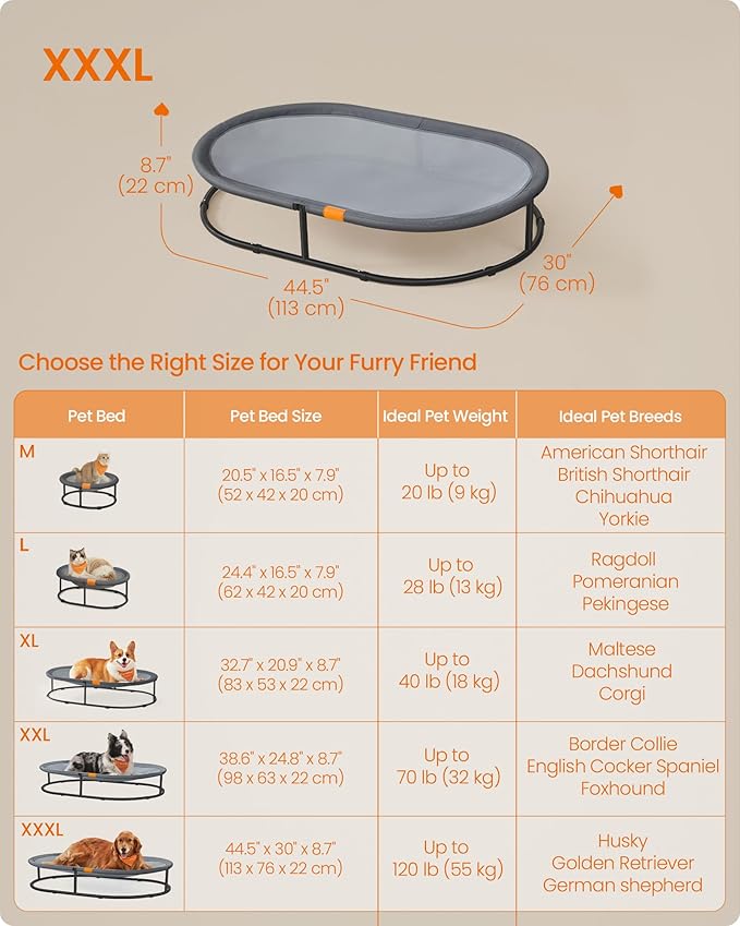 Feandrea Pet Bed, Cat Hammock, Elevated Cat Bed for Multiple Cats, with Removable Washable Mesh, for Pets up to 120 lb, Oval, Gray UPCB005G01