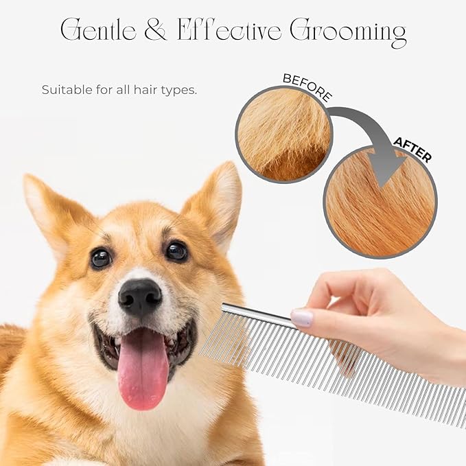 Flexzion Pet Grooming Comb Stainless Steel Cats Dogs Puppy Medium Animals Hair Fur Trimmer Deshedding Brush Accessory Tool with Smooth Teeth Needle Durable Lightweight