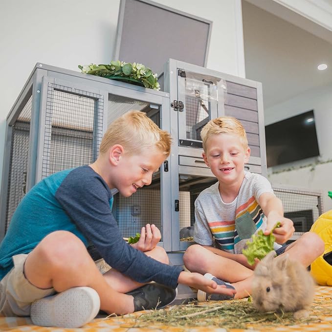 GUTINNEEN Indoor Rabbit Hutch Guinea Pig Cages with Chew-Proof Ramp, 2-Story Wooden Bunny House with Pull-Out Tray & Lockable Caster Wheels, Small Animal Cage for 2-4 Rabbits & Guinea Pigs (Grey)