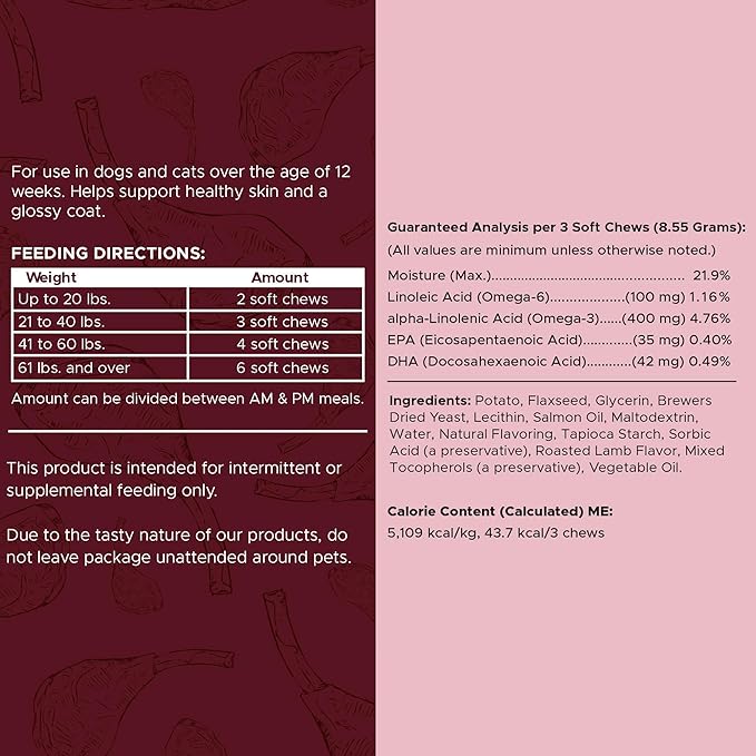 Dog Skin and Coat Supplement -360 Soft Chew Omega Treats for Skin Allergies -Salmon Oil Blend of Essential Fatty Acids, Omega 3, 6, Vitamins, Minerals -Made in USA (2 Packs of 180, Lamb Flavor)