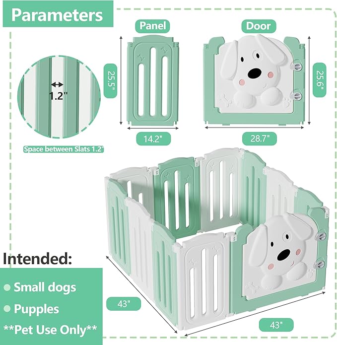 Foldable Dog Play Pen Indoors, Non-Slip Sturdy Puppy Playpen with Door, 25.5" H 10-Panel Adjustable Shape Dog Fence Pen for Small/Medium Dogs, Thickened, Easy to Store, White+Green