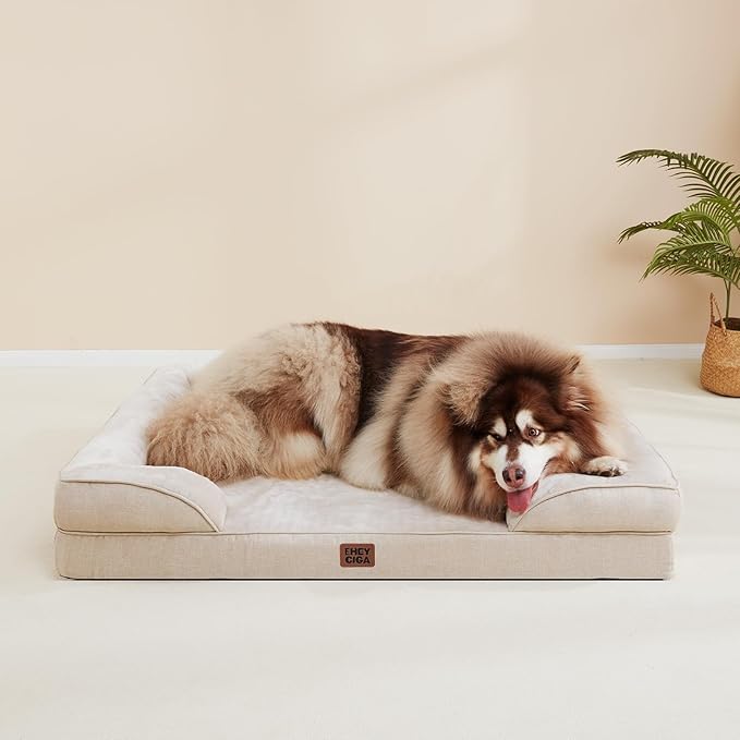 EHEYCIGA Orthopedic XL Dog Beds, Waterproof Memory Foam Dog Bed for Extra Large Dogs, Non-Slip Bottom and Egg-Crate Foam Big Pet Couch Bed with Washable Removable Cover, Beige