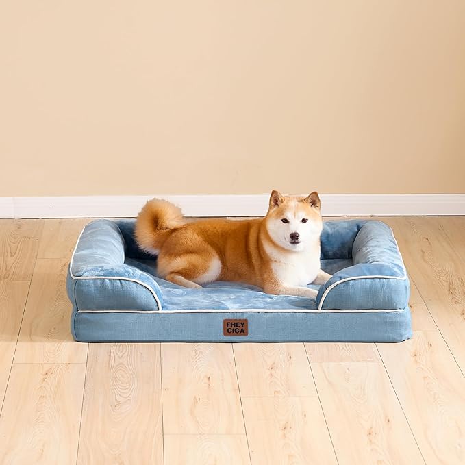 EHEYCIGA Orthopedic Dog Bed for Small Dogs, Waterproof Memory Foam Small Dog Beds with Sides, Non-Slip Bottom and Egg-Crate Foam Medium Pet Couch Bed with Washable Removable Cover, Washed Blue