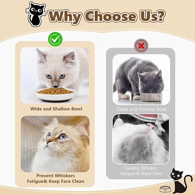 Ceramic Cat Food Bowls - 2 Pack Shallow Plates for Wet Food, Whisker-Friendly Feeding Dish with Non-Slip Silicone Base, Microwave & Dishwasher Safe for Indoor Cats & Kittens
