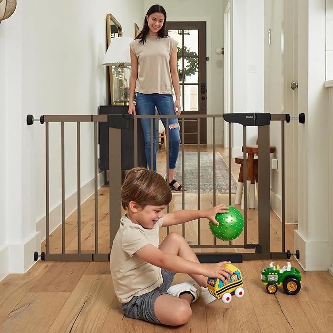 Cumbor 29.7-46" Baby Gate for Stairs, Mom's Choice Awards Winner-Auto Close Dog Gate for the House, Easy Install Pressure Mounted Pet Gates for Doorways, Easy Walk Thru Wide Safety Gate for Dog, Brown