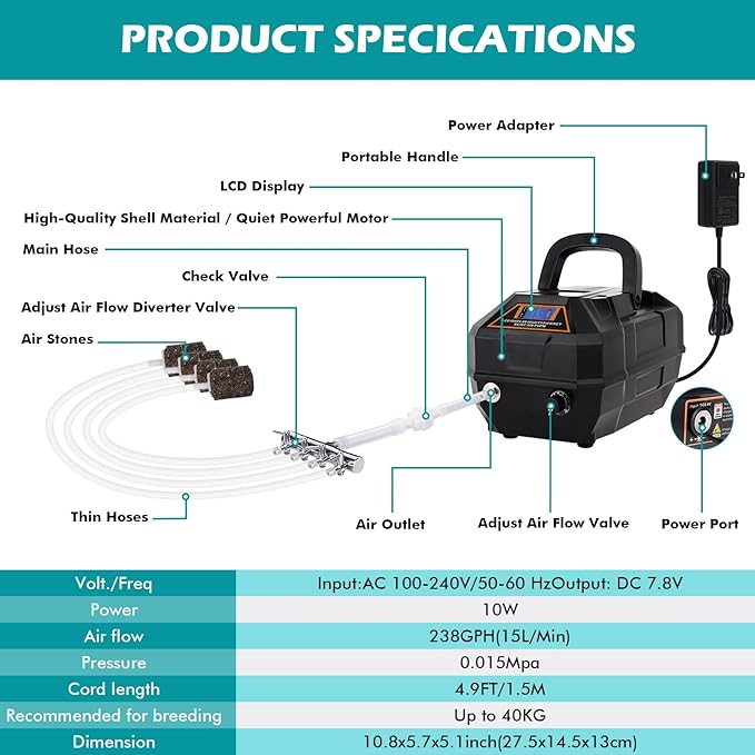 hygger Rechargeable Aquarium Pond Air Pump, Powerful Quiet Commercial Tank Air Pump with Hose Air Stone Check Valve Adjustable Flow Diverter Valve for Fishing Yacht/Power Outages/Hydroponic