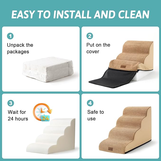 Dog Stairs for Small Dogs 15.7" H, Curved Dog Step for Puppy, Older Cat, Medium Pet Ramp for Sofa, Couch or Chair, Ladder with High Density Foam, 15.7x22.4x15.7 inch, 3 Step, Light Brown