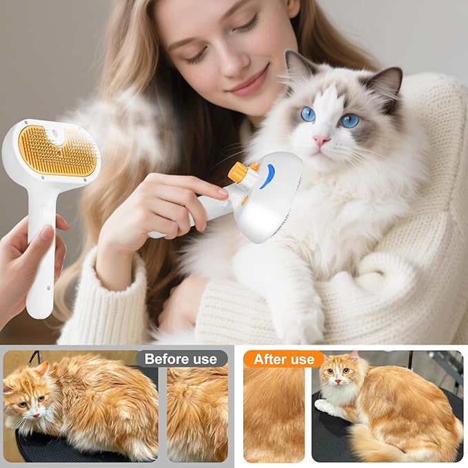 Pet Steam Brush for Dog & Cat – 3-in-1 Spray Hair Removal Comb – Steam for Shedding & Grooming – Water Brush for Long & Short Haired Pets – Spritz Defur Comb – Includes 2*Waterless Shampoo
