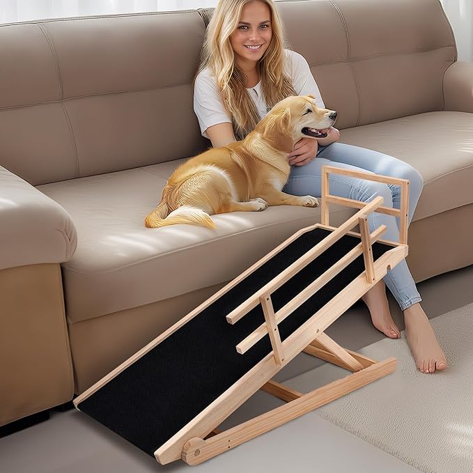 Dog Ramp, 5 Level Adjustable Wooden Folding Pet Ramp for Middle Bed, Couch,SUV-High Traction, Portable Paw Ramps for Small & Large Old Dogs & Cats - Furniture Quality