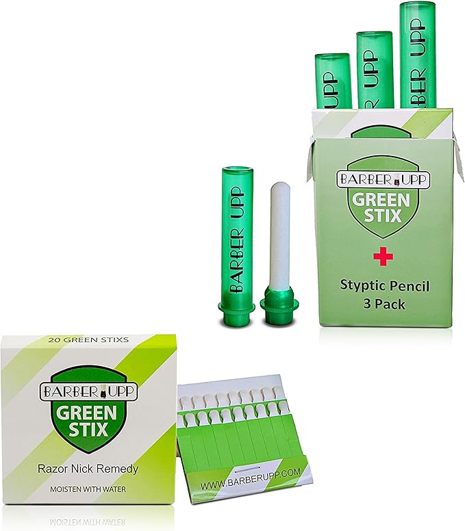Green Stix + Styptic Pencil Set - 3 Pencils + 20 Aluminum Sulfate Sticks to Block & Stop Bleeding Fast from Razor Shaving Nicks & Minor Cuts - Anti-Bleed Shaving Accessory Men & Women