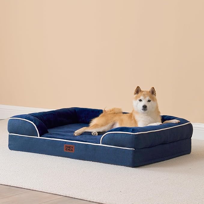 EHEYCIGA Egg-Crate Memory Foam Dog Bed, Waterproof, Navy, Large 41 x 27 x 6.5 inches, 100 lbs Capacity