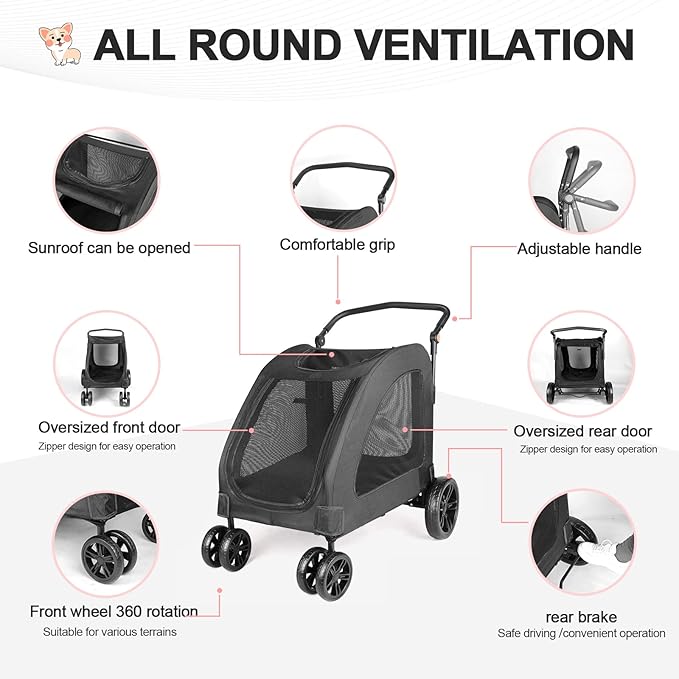 Large Dog Travel Stroller with 4 Heavy Duty Wheels Pet Stroller with Adjustable Handle - Double Doggie Capacity Jogger Wagon with Back Front Door for Small Medium Large Dogs (Black)