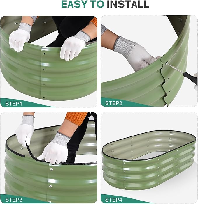 Galvanized Raised Garden Bed - 4×2×1ft (2 Packs) Planter Raised Beds for Gardening | Oval Metal Garden Planter Box with Safety Edging and Gloves for Vegetables Fruits and Flower OliveGreen