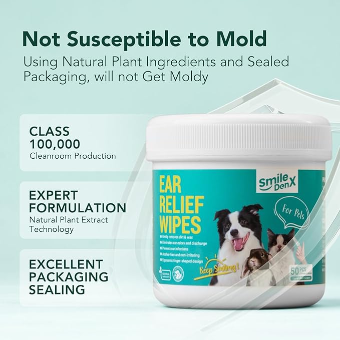 Dog Ear Cleaner Wipes - Dog Ear Infection Treatment Fast Relief from Ear Itching and Inflammation, Cat Ear Wipes Gently Remove Ear Wax Debris and Smelly (100 Pcs, Unscented)