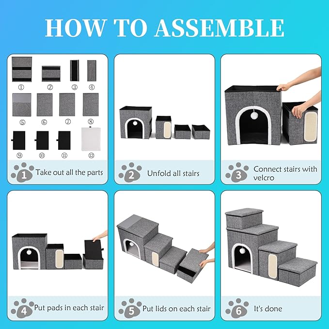 Dog Stairs for Bed and Couch 23“H, Foldable Dog Stairs for Small Older Dogs, 4 in 1 Adjustable Pet Cat Steps Ramps with Storage, Condo, Cat Scratcher, Hold Up to 180LBS, 4 Steps