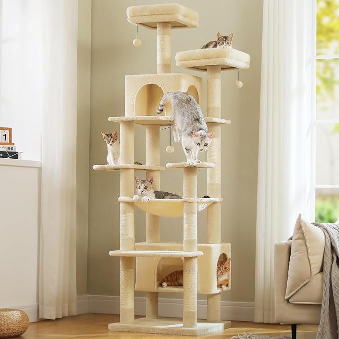 PAWZ Road Heavy Duty Cat Tree for Large Cats, 81 Inches Tall Cat Tower with 2 Perches, 2 Condos and Spacious Hammock, XL Extra Large Condo with 7 Scratching Posts for 20lb+ Adult Cats,Beige