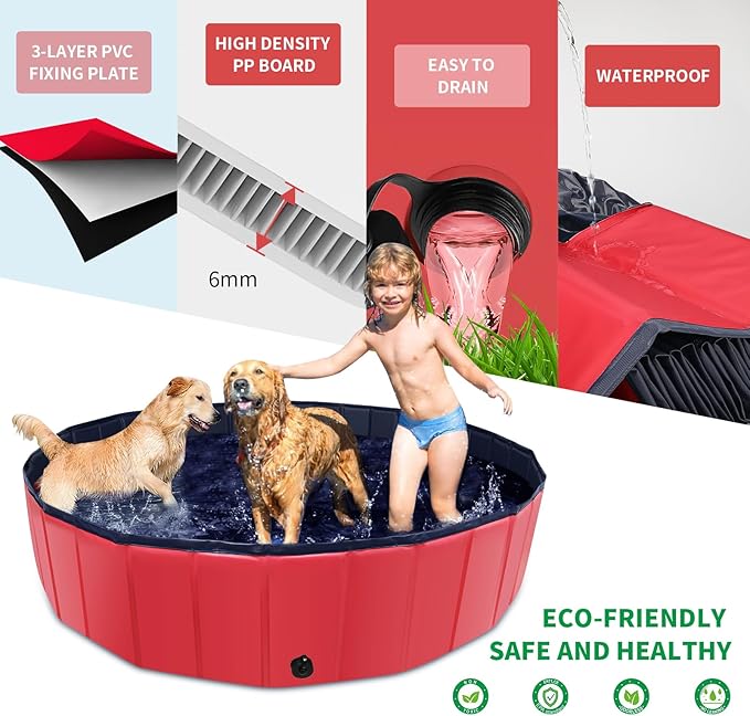 Foldable Dog Pool, 71" x 14" Large Kiddie Pool with Hard Plastic, Non-Slip Dog Bath Tub for Outdoor Backyard, Collapsible Dog Swimming Pool for Kids Dogs Pets (Red)