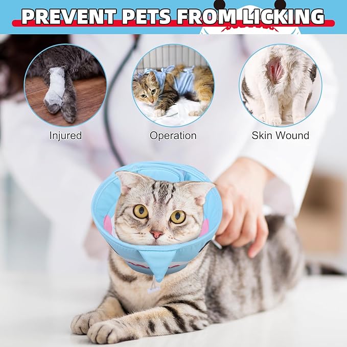 KOOLTAIL Cat Cone Collar, Adjustable Soft Comfortable Cat Recovery Collar to Stop Licking, Foldable Donut Water Resistant Pet Cone for Small Large Cats Kittens After Surgery Shark S