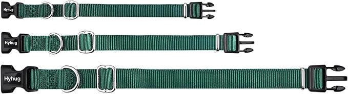 Hyhug Pets Solid Color Classic Regular Heavy Duty Basic Collar for Medium Dogs Daily Use, Unique Design Adjustment Triglide Slide (Buckle) Can Attached Name Tag Accessories. (Medium, Dark Green)