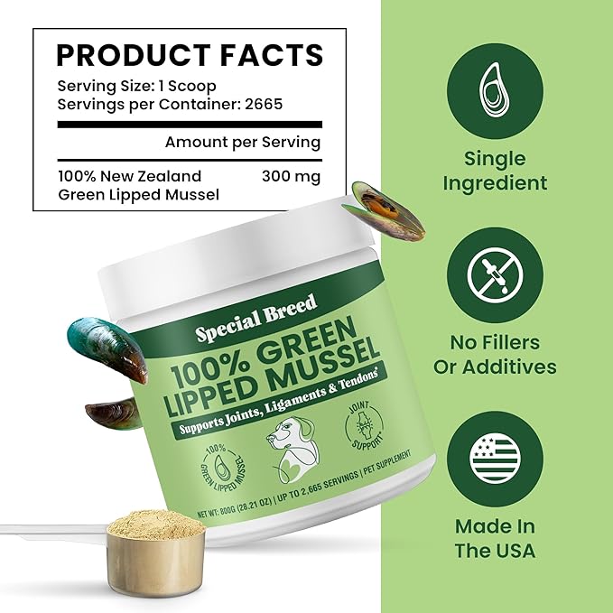 Green Lipped Mussel Powder for Dogs & Cats - 100% New Zealand Green Lipped Mussels - Natural Hip & Joint Supplement for Joints, Tendons, Ligaments, Muscles - 800 Grams - Up to 2,665 Servings