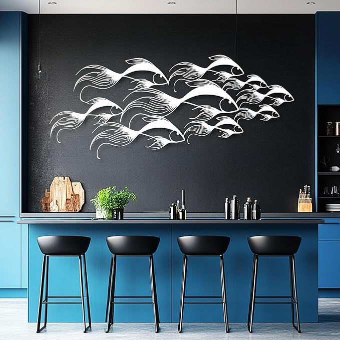School of Fish Metal Wall Art, Metal Fish Wall Decor, Sea Life Wall Art, Large Nautical Wall Hanging, Modern Beach House Wall Decor, Ocean Themed Artwork for Bathroom (Black, 24"x10" | 60x25cm)