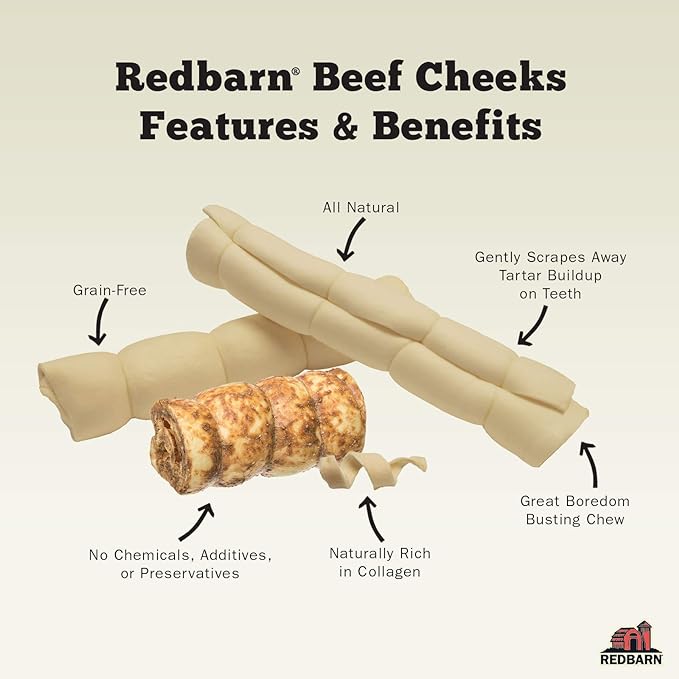 Redbarn Pet Products All-Natural Beef Cheek Rolls for Dogs, Grain-Free Cow Cheeks, Naturally Rich in Collagen, Available in Chicken & Carrot Glaze or Uncoated (Original, Small/Medium (Pack of 25))