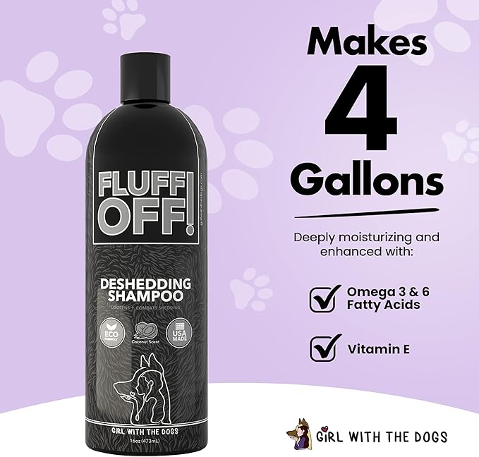 Fluff Off! by Girl With The Dogs, Natural Deshedding Dog & Cat Shampoo, 16 Oz, Made in USA, 8 Wks+