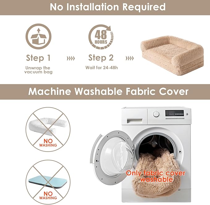 EHEYCIGA Foldable XL Dog Bed, Faux Fur Fluffy Pet Couch Bed for Large Dogs, Orthopedic Calming Memory Foam Big Pet Bed, Washable Soft Pet Sofa Bed with Non-Slip Bottom, Camel, 46"x34"x6.5"