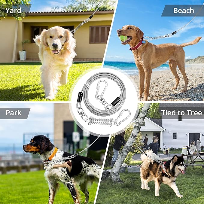 jenico Dog Tie Out Cable - 25ft Dog Lead for Yard - Heavy Duty Dog Chain with Shock Spring - Outdoor Tether Leash for Small Large Dogs Up to 500 lbs