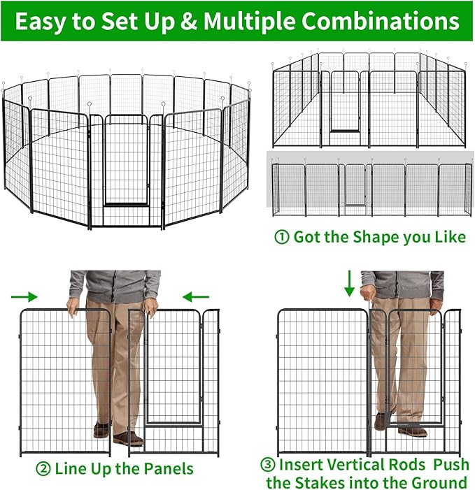 Dog Playpen Outdoor Extra Wide 16 Panels Heavy Duty Dog Fence 50" Height Anti-Rust with Doors Portable for RV Camping Yard, Total 42FT, 140 Sq.ft, Snowy Black