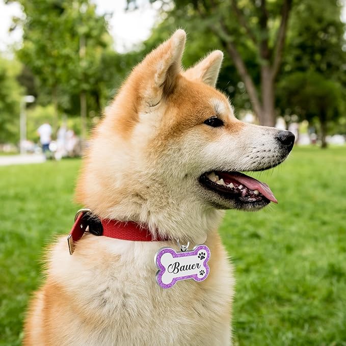 Dog Tags Personalized for Pets Dog Name Tags Personalized Dog Tag Engraved with Any Name & Text Custom Dog ID Tags Glitter Bone ID Tag for Puppy Cat (Pink L, Bone)