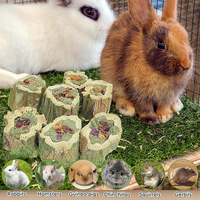 Fhiny Rabbit Chew Toys Natural Baked Papaya Wood Bunny Molar Treats Contain Alfalfa Grass Apple Carrot and Purple Sweet Potato Filling for Hamsters Guinea Pigs Chinchillas Teeth Grinding(0.44 lb)