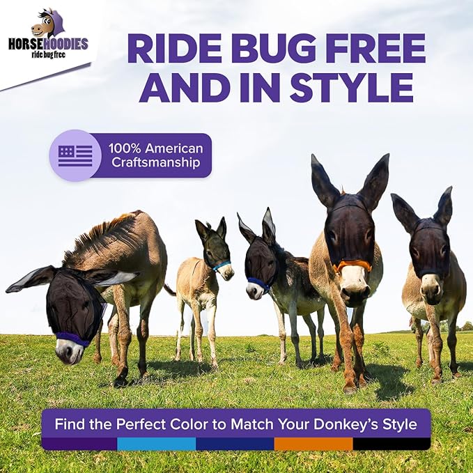 Donkey Fly Mask with Long Ears (Blue) Made in USA - Mule Fly Mask with Ears Protection from Insects and Bugs, Mini Donkey Soft Mesh Fabric with Adjustable Fastener, Face Cover Supplies for Donkeys