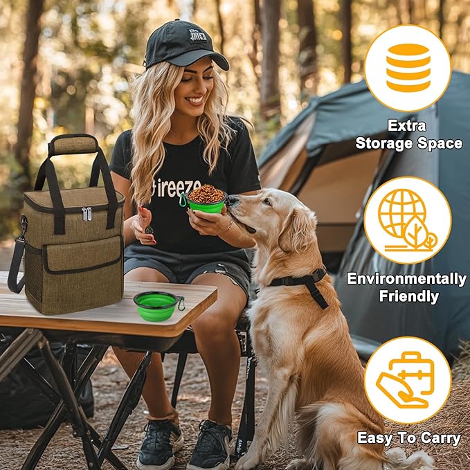 Dog Travel Bag for Camping - Pet Travel Accessories with 2 Collapsible Bowls, 2 Food Containers & Waterproof Feeding Mat - Portable Dog Carrier, Coffee (Small)