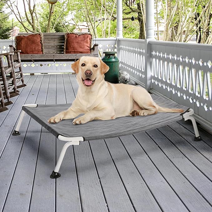 Veehoo Elevated Dog Bed for Outdoor, Cooling Waterproof Raised Dog Cots Beds for Large Dogs, Curved Off Ground Pet Hammock Cot Lifted for Outside, up to 85lbs, White Legs, Black Silver 42"