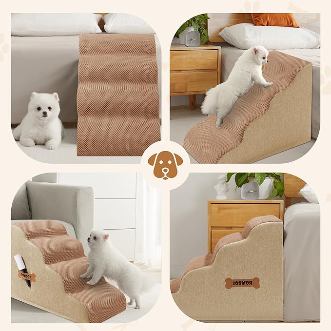 Dog Stairs, Romrol Dog Steps Ramp for High Bed and Couch, Dogs Ramp with Durable Non-Slip Waterproof Fabric Cover, Pet Stairs for Small Dogs and Cats or Pets Joints, 4-TiersLight Brown