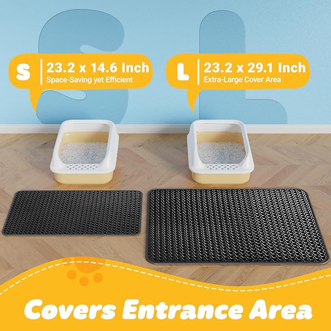 Cat Litter Mat - 23.2'' x 14.6'' Small Litter Trapping Mat, Easy to Clean Litter Box Mat, Waterproof, Urine-Proof, Non-Slip Kitty Litter Mats for Floor, Black