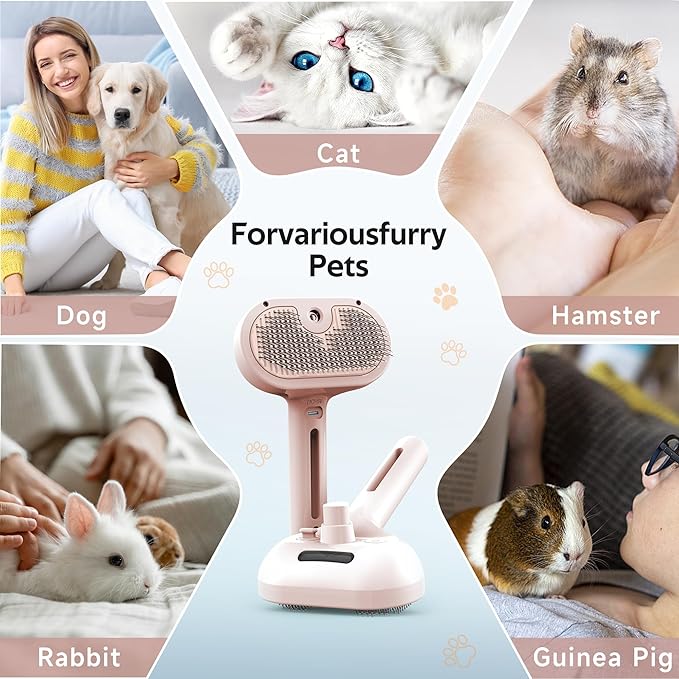 Pet Grooming Brush with Electronic Mist Spray - Gentle Deshedding Tool for Cats & Dogs, Pet Steam Brush,Reduces Shedding, Soft Bristles, Promotes Healthy Coat-Comes with a hair smoothing comb-Red