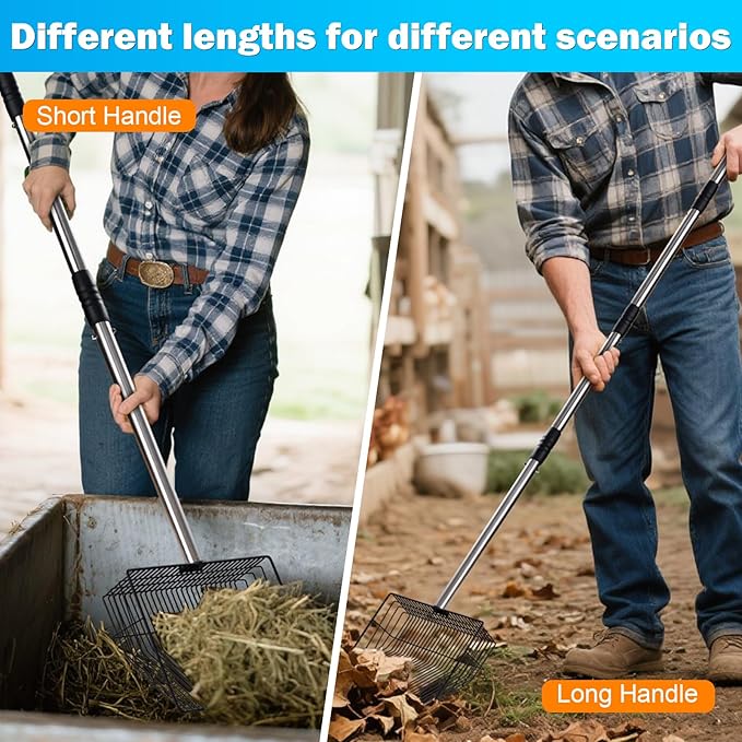 10 inch Large Chicken Poop Scooper,4 in1 Chicken Coop Poop Shovel,Adjustable 32" to 67" Stainless Steel Chicken Coop Scoop,Litter Sifting Shovel Poop Scooper for Chicken Coop Pet Waste