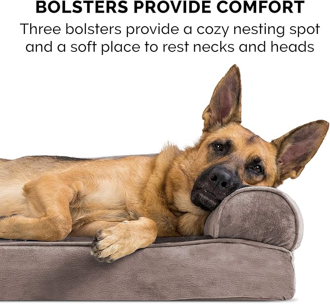 Furhaven Cooling Gel Dog Bed for Large Dogs w/ Removable Bolsters & Washable Cover, For Dogs Up to 95 lbs - Faux Fur & Velvet Sofa - Driftwood Brown, Jumbo/XL