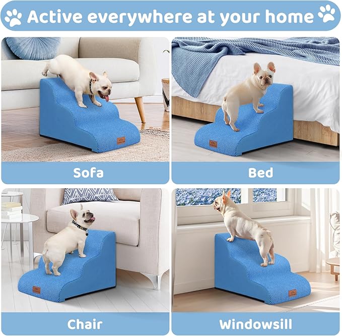 Dog Ramp and Stair for Bed 16" H-20 H,3-Step Cat Stair for Sofa and Chair,4-Step Dog Ramp for High Bed and Window,Durable Nonslip Fabric Cover for Indoor (Blue-16“H, Pet Friendly, 3)