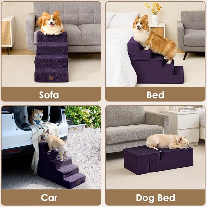 EHEYCIGA Dog Stairs for Small Dogs 13.5" H, 3-Step Dog Steps for Couch Sofa and Chair, Pet Steps for Medium Cats, Non-Slip Balanced Pet Ramp Indoor, Purple