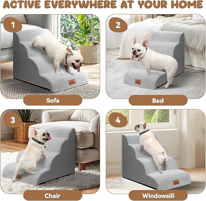 Dog Ramp and Stair for Bed 16" H-20 H,3-Step Cat Stair for Sofa and Chair,4-Step Dog Ramp for High Bed and Window,Durable Nonslip Fabric Cover for Indoor (Light Grey-20 H, Pet Friendly, 4)