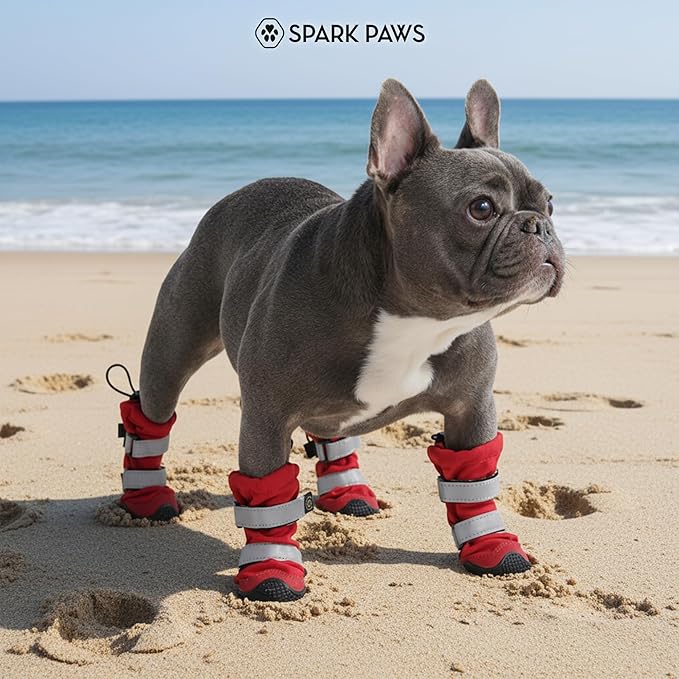 Spark Paws Dog Shoes, Waterproof Dog Boots for Medium to Large Dogs, Non Slip, Breathable Dog Booties and Paw Protectors - 4PCS Doggie Hiking Boots with Reflective Straps - Red, Size 1