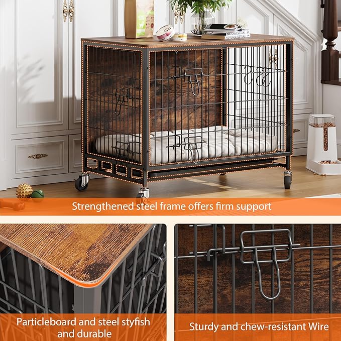 Dog Crate Furniture, 32.5" Wooden Dog Crate Furniture Side End Table, Indoor Kennel with Double Doors, Dog Crates for Medium Dogs, Rustic Brown